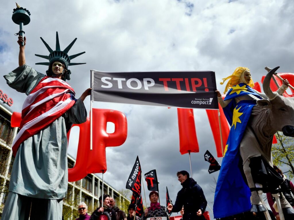 Protesters rally against the TTIP and CETA free trade agreements, April 2016 [Image: Getty].