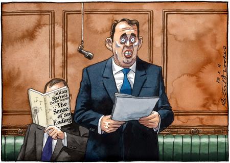 I know this cartoon is not strictly accurate - Liam Fox was giving a conference speech, not speaking in the Commons - but his career really has taken on the quality described on the cover of the book featured here.