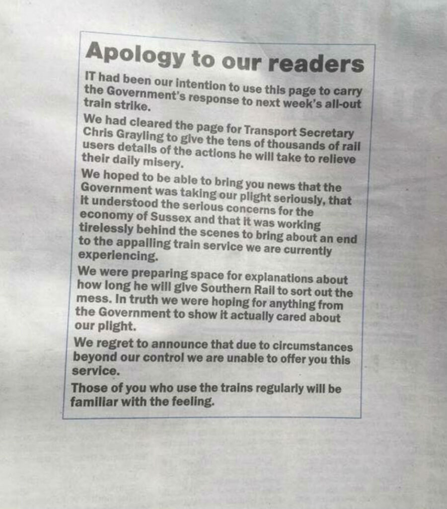 The Argus newspaper apologises for the Conservative Party's failure to explain what it is doing about Southern Rail - mocking the Tories by imitating the common rail announcement that it is due to "circumstances beyond our control".