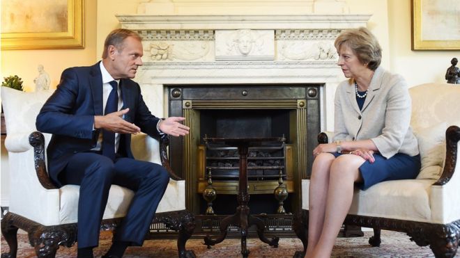 Theresa May met European Council president Donald Tusk last week in London [Image: EPA].