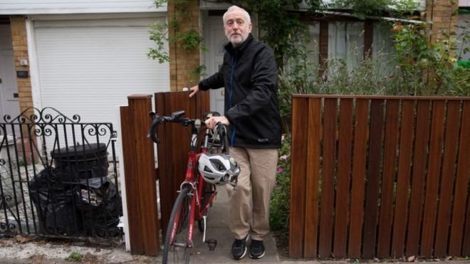 Mr Corbyn, who is engaged in his second party leadership race, leaves his home in Islington. Apparently it was the best image the BBC could find to support this story [Image: Getty Images].