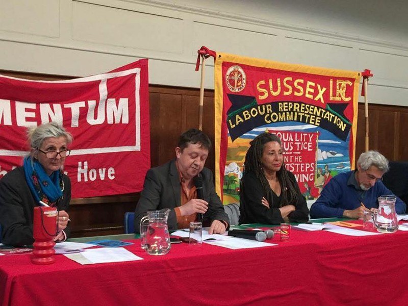 Jackie Walker (center right) at a meeting of Momentum in Brighton and Hove, in June [Image: The Electronic Intifada].