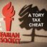 The Fabian Society’s red torch-and-flame logo casting a Conservative Party tree symbol shadow.