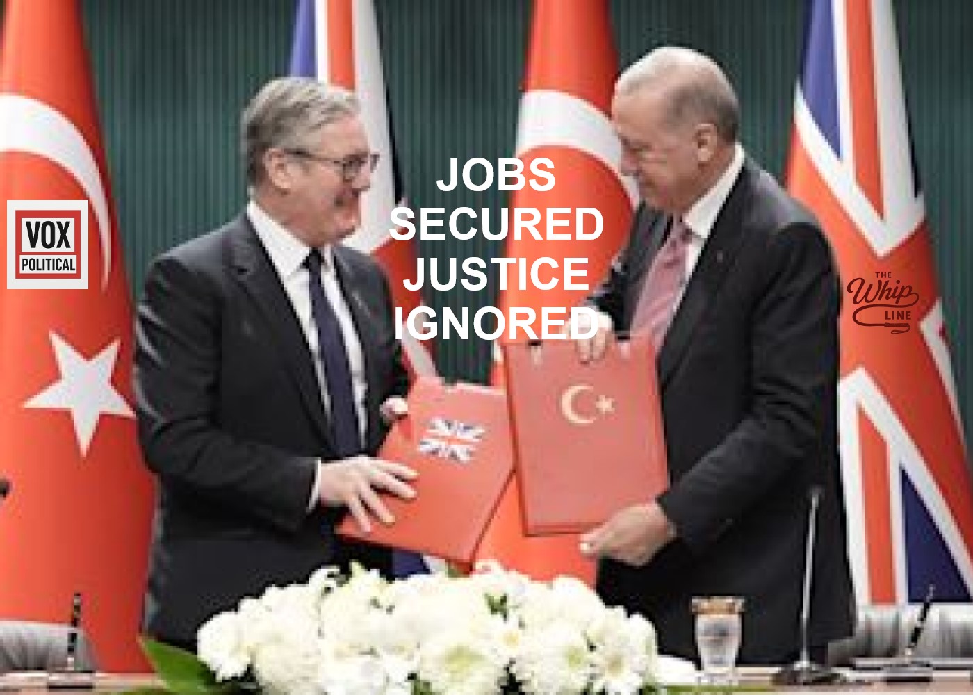 Keir Starmer shaking hands with Turkish President Erdoğan at the signing of the £8bn Typhoon jet deal.