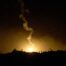 Israeli airstrikes hitting Gaza during a fragile ceasefire, with smoke rising above destroyed buildings.