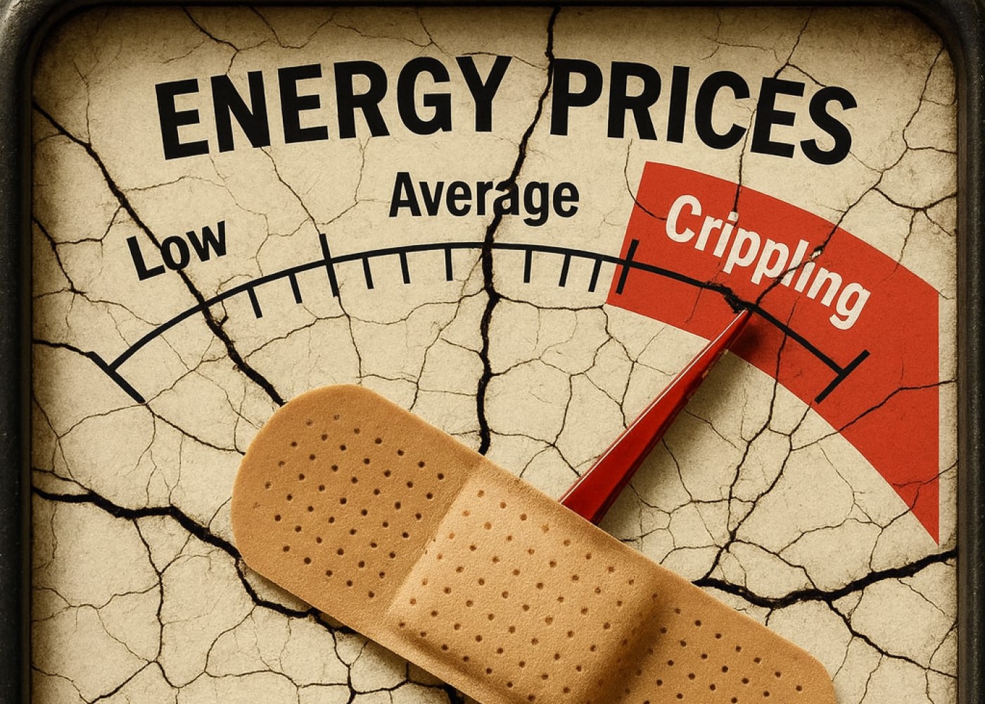 A cracked energy meter with a plaster over it, dial reading ‘crippling’, symbolising temporary debt relief for high bills.